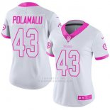 Camiseta NFL Limited Mujer Pittsburgh Steelers 43 Troy Polamalu Blanco Rosa Stitched Rush Fashion