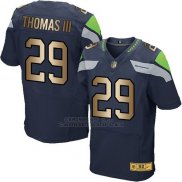 Camiseta Seattle Seahawks Thomas Iii Profundo Azul Nike Gold Elite NFL Hombre