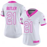 Camiseta NFL Limited Mujer New England Patriots 21 Malcolm Butler Blanco Rosa Stitched Rush Fashion
