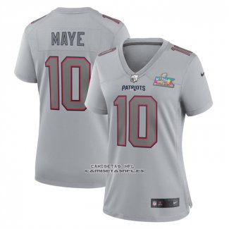 Camiseta NFL Game Mujer New England Patriots Drake Maye Super Bowl LX Patch Gris
