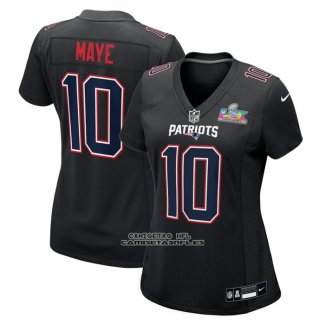 Camiseta NFL Game Mujer New England Patriots Drake Maye Super Bowl LX Patch Negro