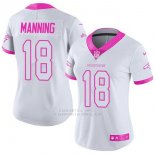 Camiseta NFL Limited Mujer Denver Broncos 18 Peyton Manning Blanco Rosa Stitched Rush Fashion