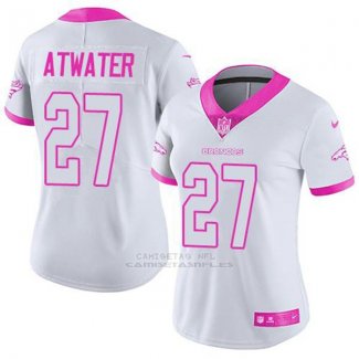 Camiseta NFL Limited Mujer Denver Broncos 27 Steve Atwater Blanco Rosa Stitched Rush Fashion