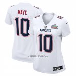 Camiseta NFL Game Mujer New England Patriots Drake Maye Super Bowl LX Patch Blanco1