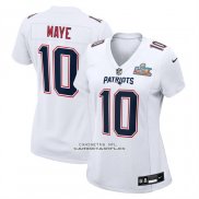 Camiseta NFL Game Mujer New England Patriots Drake Maye Super Bowl LX Patch Blanco1
