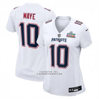 Camiseta NFL Game Mujer New England Patriots Drake Maye Super Bowl LX Patch Blanco1