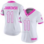 Camiseta NFL Limited Mujer Oakland Raiders 11 Sebastian Janikowski Blanco Rosa Stitched Rush Fashion